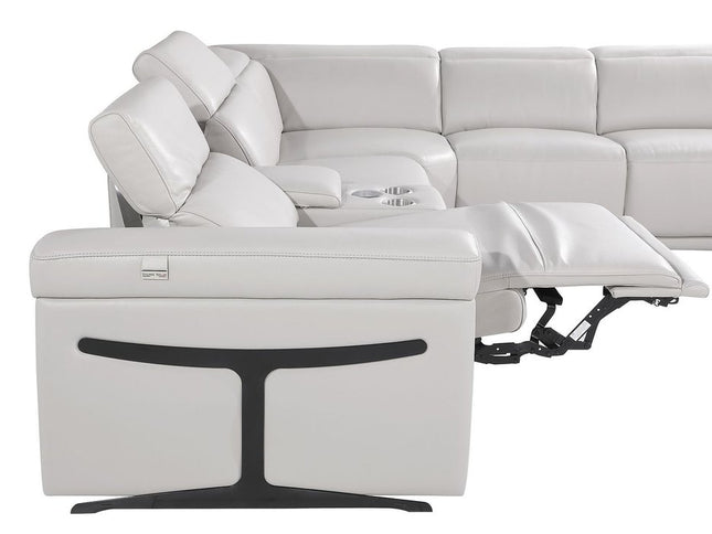 Light Gray Italian Leather Power Reclining U Shaped Eight Piece Corner Sectional With Console