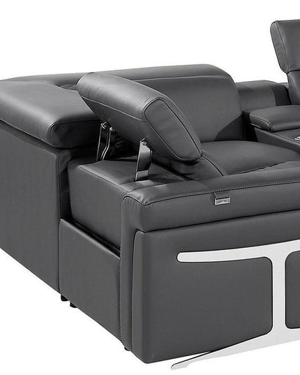 Dark Gray Italian Leather Power Reclining U Shaped Eight Piece Corner Sectional With Console