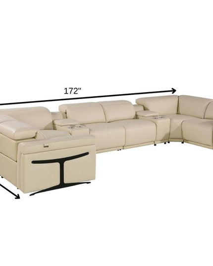 Beige Italian Leather Power Reclining U Shaped Eight Piece Corner Sectional With Console