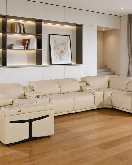Beige Italian Leather Power Reclining U Shaped Eight Piece Corner Sectional With Console
