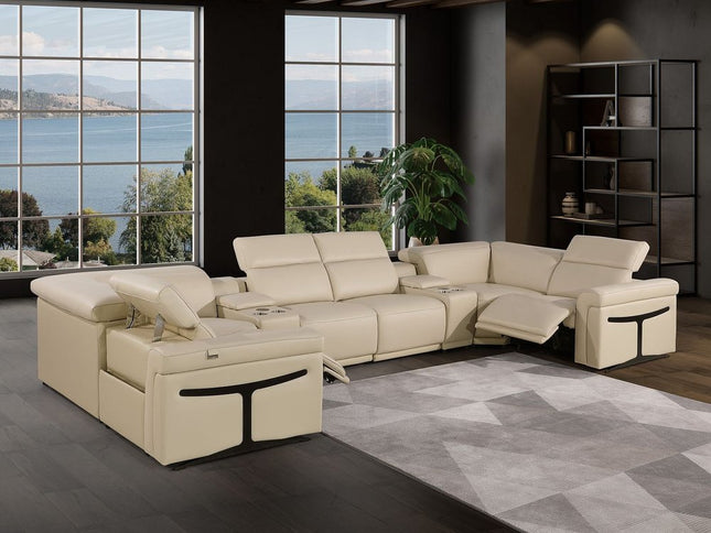 Beige Italian Leather Power Reclining U Shaped Eight Piece Corner Sectional With Console