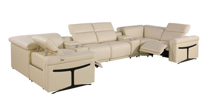 Beige Italian Leather Power Reclining U Shaped Eight Piece Corner Sectional With Console