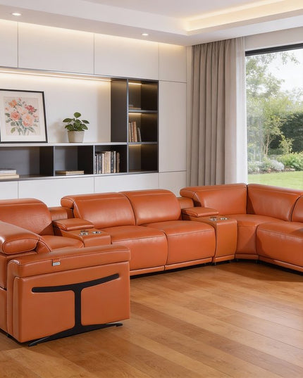 Camel Italian Leather Power Reclining U Shaped Eight Piece Corner Sectional With Console