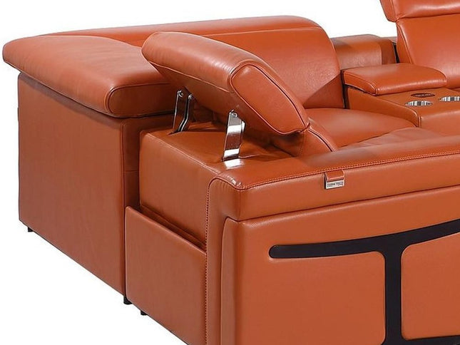 Camel Italian Leather Power Reclining U Shaped Eight Piece Corner Sectional With Console