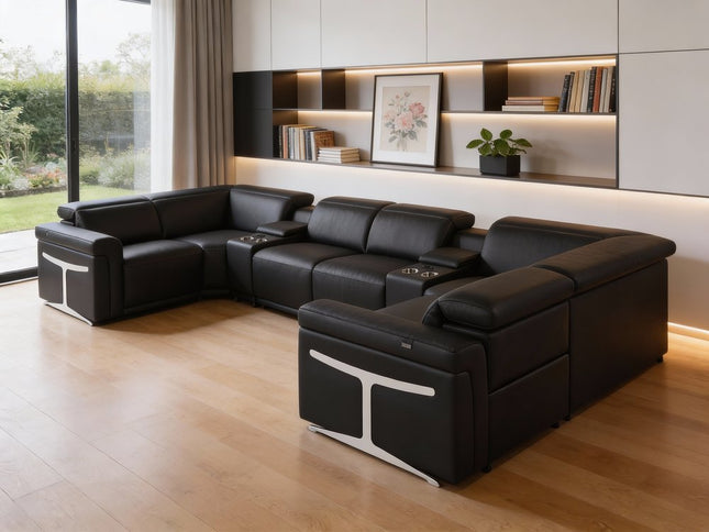 Black Italian Leather Power Reclining U Shaped Eight Piece Corner Sectional With Console