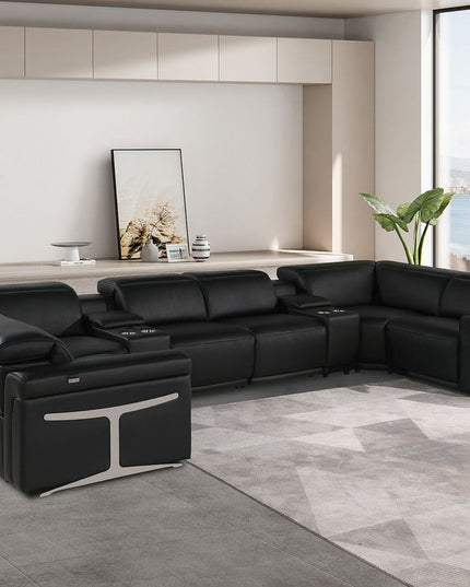 Black Italian Leather Power Reclining U Shaped Eight Piece Corner Sectional With Console