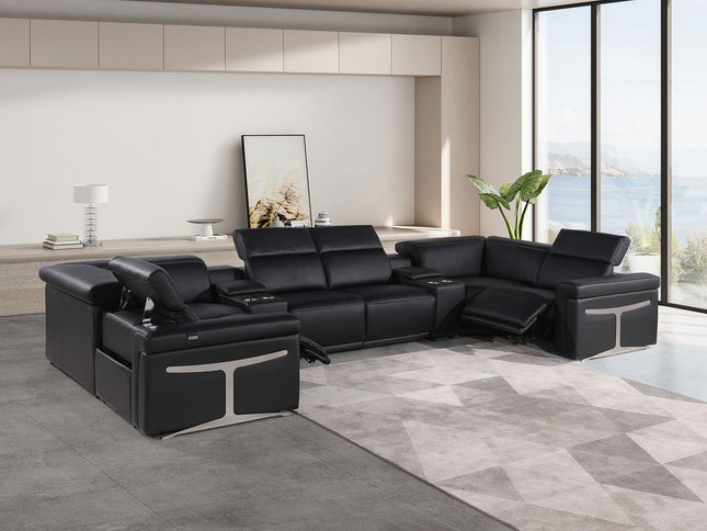 Black Italian Leather Power Reclining U Shaped Eight Piece Corner Sectional With Console