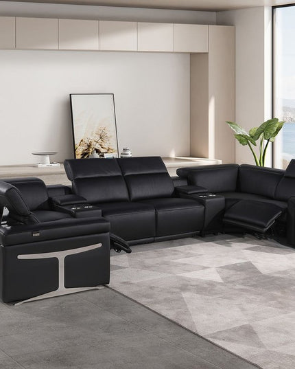 Black Italian Leather Power Reclining U Shaped Eight Piece Corner Sectional With Console