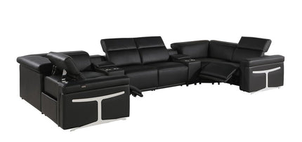 Black Italian Leather Power Reclining U Shaped Eight Piece Corner Sectional With Console