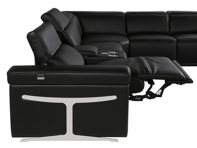Black Italian Leather Power Reclining U Shaped Eight Piece Corner Sectional With Console