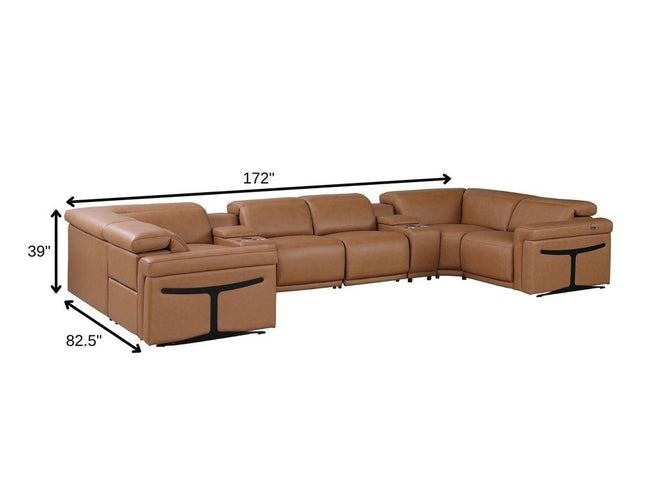 Chestnut Italian Leather Power Reclining U Shaped Eight Piece Corner Sectional With Console