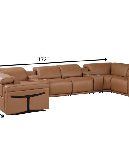 Chestnut Italian Leather Power Reclining U Shaped Eight Piece Corner Sectional With Console