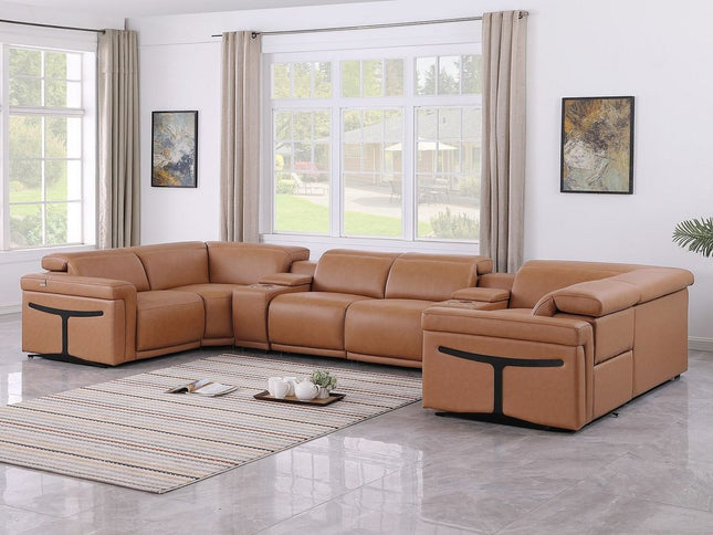 Chestnut Italian Leather Power Reclining U Shaped Eight Piece Corner Sectional With Console