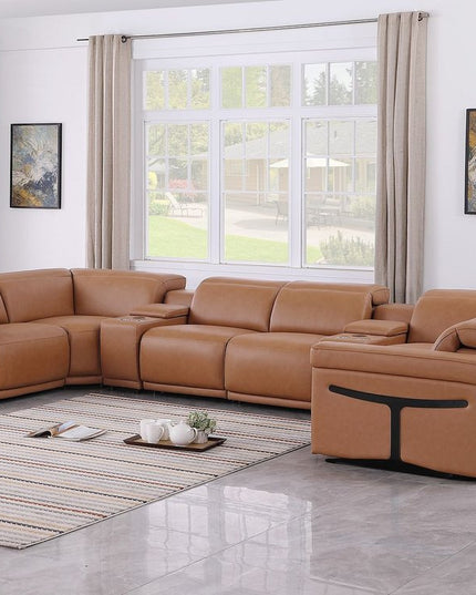 Chestnut Italian Leather Power Reclining U Shaped Eight Piece Corner Sectional With Console