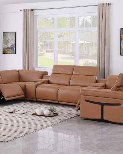 Chestnut Italian Leather Power Reclining U Shaped Eight Piece Corner Sectional With Console