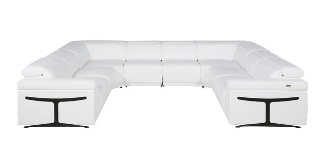 White Italian Leather Power Reclining U Shaped Eight Piece Corner Sectional With Console