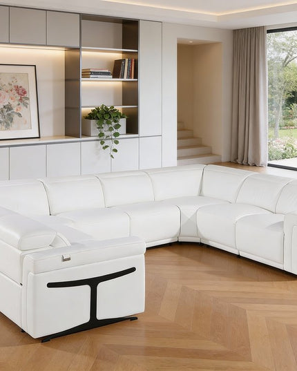 White Italian Leather Power Reclining U Shaped Eight Piece Corner Sectional With Console