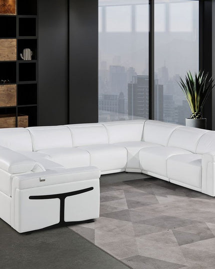White Italian Leather Power Reclining U Shaped Eight Piece Corner Sectional With Console
