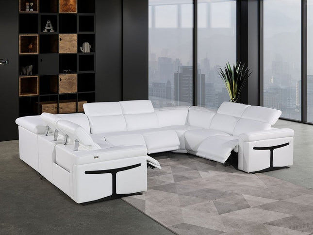 White Italian Leather Power Reclining U Shaped Eight Piece Corner Sectional With Console