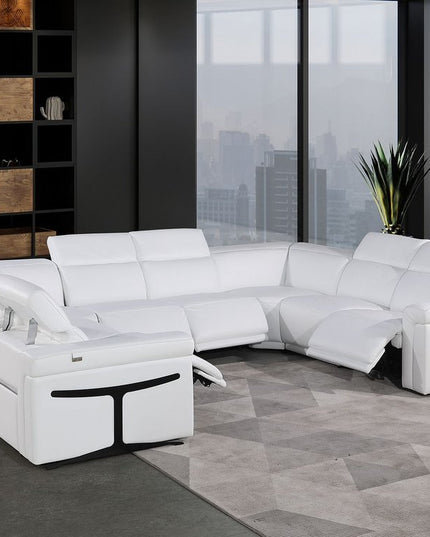 White Italian Leather Power Reclining U Shaped Eight Piece Corner Sectional With Console