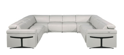 Light Gray Italian Leather Power Reclining U Shaped Eight Piece Corner Sectional With Console