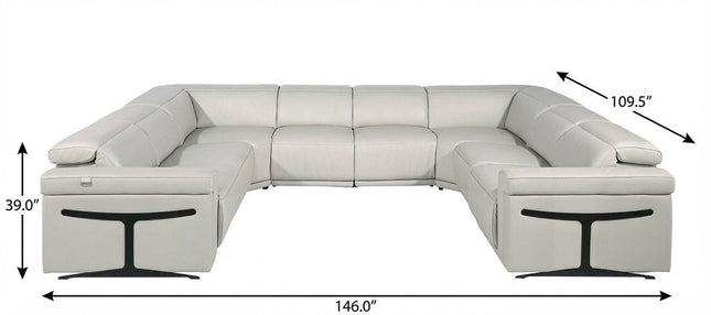 Light Gray Italian Leather Power Reclining U Shaped Eight Piece Corner Sectional With Console