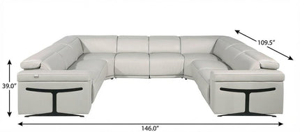 Light Gray Italian Leather Power Reclining U Shaped Eight Piece Corner Sectional With Console