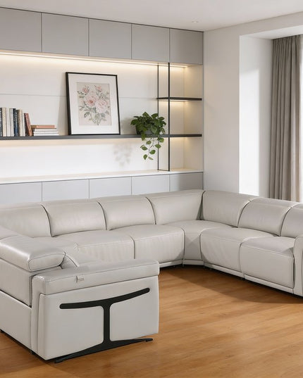 Light Gray Italian Leather Power Reclining U Shaped Eight Piece Corner Sectional With Console