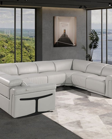 Light Gray Italian Leather Power Reclining U Shaped Eight Piece Corner Sectional With Console