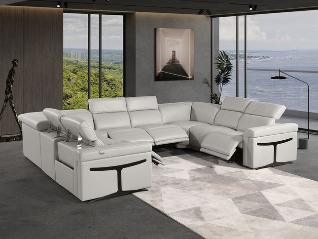 Light Gray Italian Leather Power Reclining U Shaped Eight Piece Corner Sectional With Console