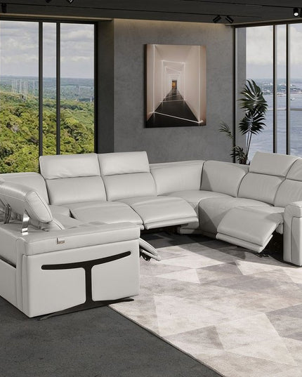 Light Gray Italian Leather Power Reclining U Shaped Eight Piece Corner Sectional With Console