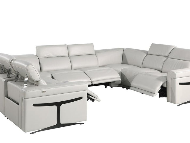 Light Gray Italian Leather Power Reclining U Shaped Eight Piece Corner Sectional With Console