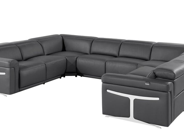 Dark Gray Italian Leather Power Reclining U Shaped Eight Piece Corner Sectional With Console