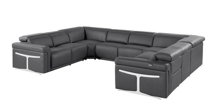 Dark Gray Italian Leather Power Reclining U Shaped Eight Piece Corner Sectional With Console