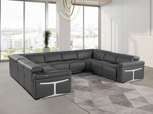 Dark Gray Italian Leather Power Reclining U Shaped Eight Piece Corner Sectional With Console