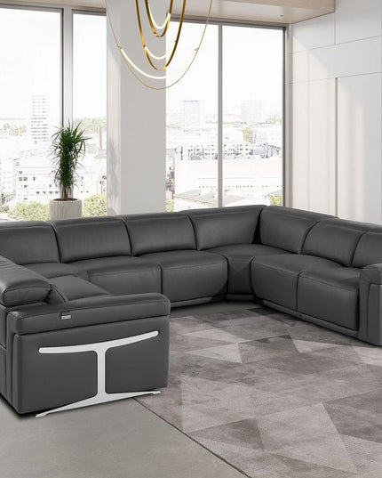 Dark Gray Italian Leather Power Reclining U Shaped Eight Piece Corner Sectional With Console