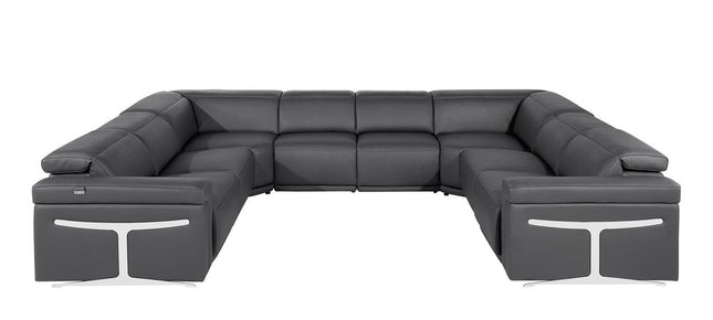 Dark Gray Italian Leather Power Reclining U Shaped Eight Piece Corner Sectional With Console