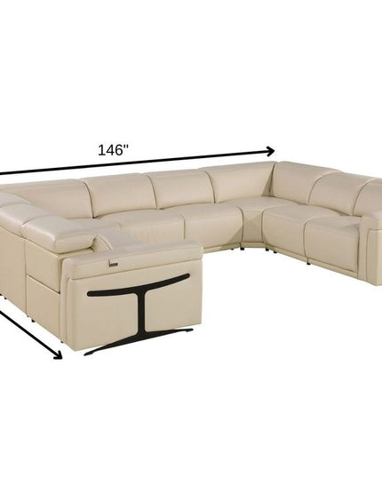 Beige Italian Leather Power Reclining U Shaped Eight Piece Corner Sectional With Console