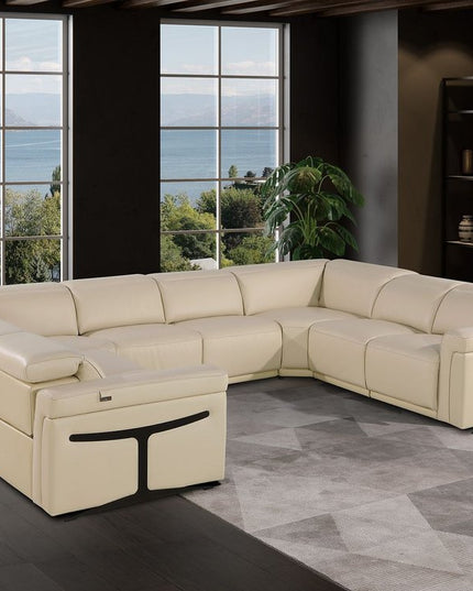 Beige Italian Leather Power Reclining U Shaped Eight Piece Corner Sectional With Console