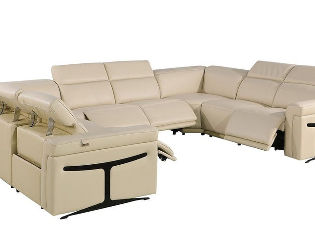 Beige Italian Leather Power Reclining U Shaped Eight Piece Corner Sectional With Console