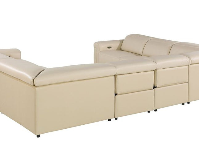 Beige Italian Leather Power Reclining U Shaped Eight Piece Corner Sectional With Console