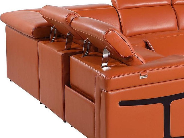 Camel Italian Leather Power Reclining U Shaped Eight Piece Corner Sectional With Console