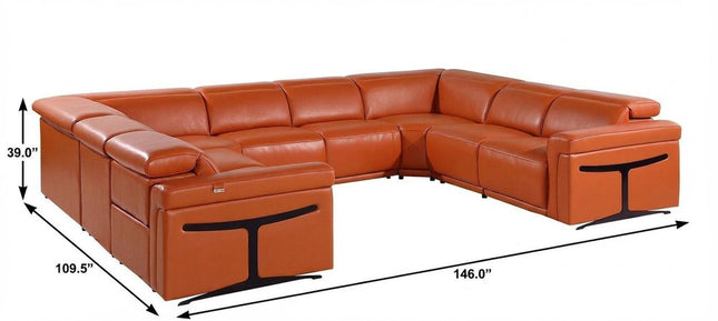 Camel Italian Leather Power Reclining U Shaped Eight Piece Corner Sectional With Console
