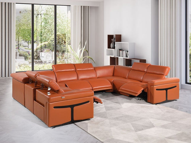 Camel Italian Leather Power Reclining U Shaped Eight Piece Corner Sectional With Console