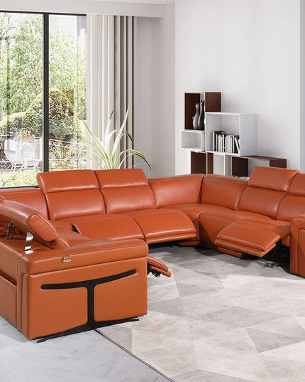 Camel Italian Leather Power Reclining U Shaped Eight Piece Corner Sectional With Console