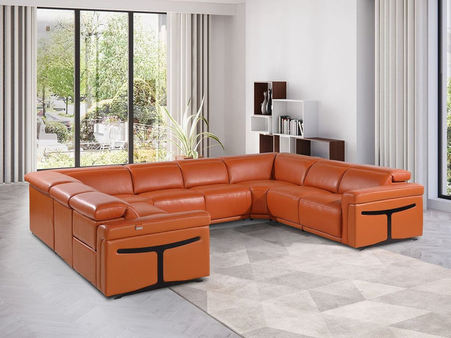 Camel Italian Leather Power Reclining U Shaped Eight Piece Corner Sectional With Console