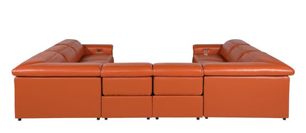 Camel Italian Leather Power Reclining U Shaped Eight Piece Corner Sectional With Console