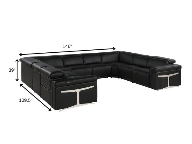 Black Italian Leather Power Reclining U Shaped Eight Piece Corner Sectional With Console