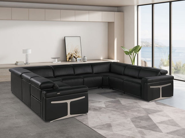 Black Italian Leather Power Reclining U Shaped Eight Piece Corner Sectional With Console