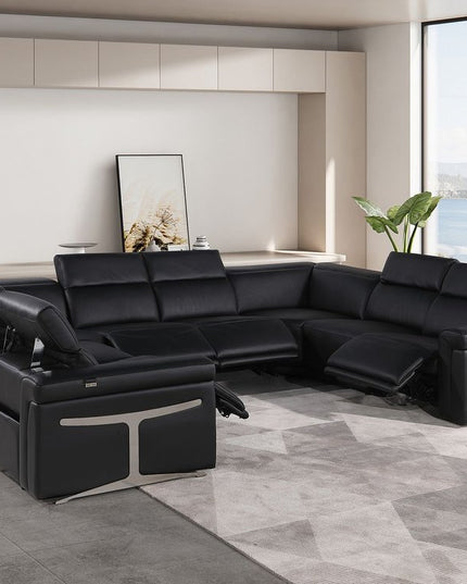Black Italian Leather Power Reclining U Shaped Eight Piece Corner Sectional With Console